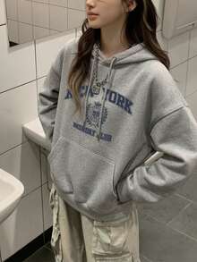 女款連帽衛衣，秋冬新款皇冠圖案與數字/字母印花，抽繩設計，附口袋，秋季休閒 - 深花灰 - 查看 2