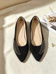 Women's Pointed Toe Flat Ballet Shoes, Black Faux Suede With Rhinestone And Feather Decor, Low Vamp, Soft Sole, Comfortable, Flattering, Elegant Luxury Style For Commute, Party, Daily Wear - Black - View 4