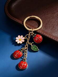 1Pc Gold‑Toned Metal Craft Keychain, Exquisite Vibrant Enamel Ladybug Floral Leaf Pendant Bag Charm, Stylish Decorative Practical Gift - Multicolor - View 5