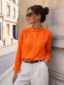 LuminousWealth Women's Elegant Long Sleeve Button-Up Shirt - Lightweight Non-Stretch, Classic Collar, Suitable For Spring/Summer/Autumn, Daily Fashion, Holiday, Party - Orange - View 2