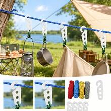 7pcs Set, 10m/393.7in Nylon Rope + 6 Hooks, For Fixing And Dragging Items, Camping Accessories, Indoor/Outdoor Clothesline, Random Rope Color, Clothesline - Nylon Rope - View 8