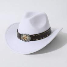 Unisex Classic Western Style Felt Cowboy Hat, Suitable For Horse Riding, Wilderness Photography, Equipped With Running Horse Badge Riveted Leather Strap, Equipped With Running Horse Badge Riveted Leather Strap, Horse Riding, Wilderness Photography, Western Theme Party, Halloween Party, Stage Outfit, Hat, Cap, Cowboy Hat - Multicolor - View 10