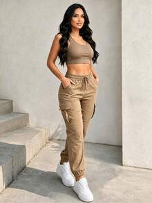 Spring/Autumn New Plus Size Women's Fashion Versatile Solid Color Minimalist Pocket Elastic Waist Drawstring Cargo Pants, Lightweight Polyester Micro-Stretch Soft Fabric - Khaki - View 3