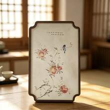 New Chinese Style Floral Bird Peach Print Wooden Tray, Tea Room Tea Set Storage Display Plate, Desktop Decor Tea Tray - Multicolor - View 4