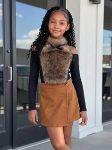 Tween Girls Halloween & Christmas Atmosphere 2 Pieces Set, Faux Fur Fuzzy Warm Cold Shoulder Long Sleeve Top With Suede A-Line Skirt Shorts - Mocha Brown - View 3