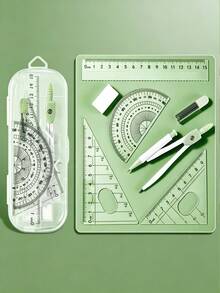 Transparent Storage Box/7-Piece Compass Set - Includes A Protractor And Ruler For Precise Geometric Drawing, As Well As A Triangle Ruler And A Complete Set Of Stationery. Multi-Functional Exam And Study Stationery Kit. Back To School. - E - View 1