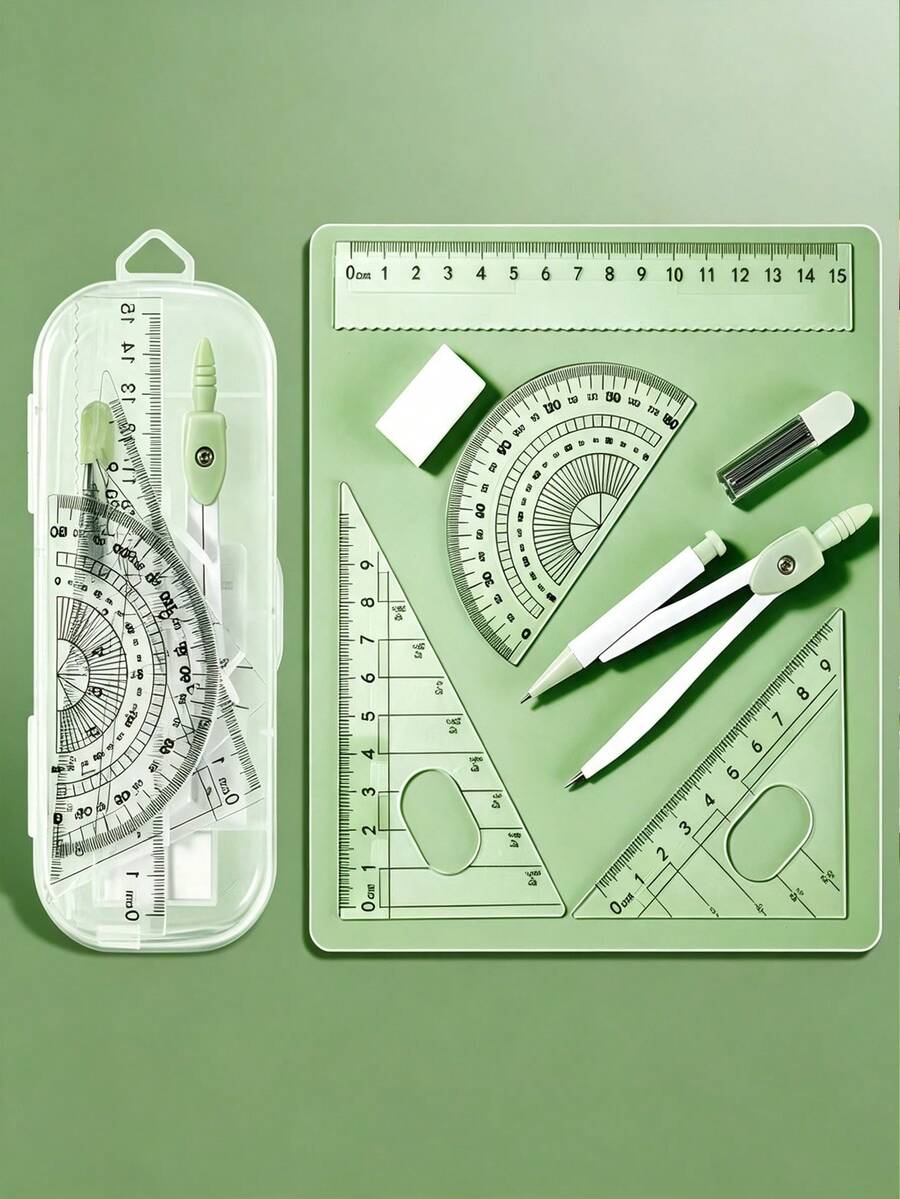 Transparent Storage Box/7-Piece Compass Set - Includes A Protractor And Ruler For Precise Geometric Drawing, As Well As A Triangle Ruler And A Complete Set Of Stationery. Multi-Functional Exam And Study Stationery Kit. Back To School. - E - View 1