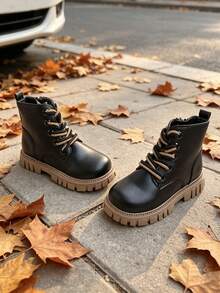 1 Pair Kids Classic Round Toe Side Zipper Boots With Contrast Color Shoelace Decor, Suitable For Holiday Outings, School Commute, All Seasons - Black - View 4