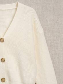 Women's Drop Shoulder Long Sleeve Single Breasted Casual White V-Neck Cardigan - White - View 6