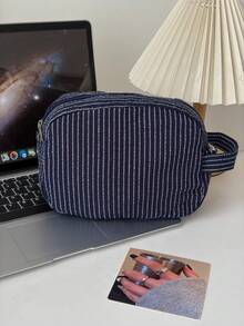 Japanese Style Handheld Stationery Storage Bag/Pencil Case Large Capacity Multifunctional Minimalist Vertical Stripe Quilted Shell Shaped Storage Bag/Pencil Case - Single Piece - View 10