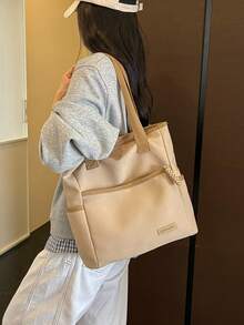 1件純色複合布料極簡Ins風多拉鍊口袋防水大容量可折疊女款工作包，適合女士日常通勤、外出、購物、旅行、度假，簡約行李收納，學生校園托特包，女友節日禮物 - 卡其色 - 查看 4
