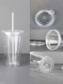 1pc 350ml, 450ml Or 650ml Double Wall Transparent Plastic Straw Cup, Insulated Milk Tea Cup - Clear - View 6