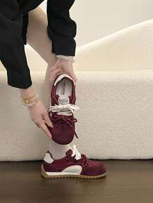 Sepatu Sneakers Wanita Bertali Rendah, Desain Patchwork Berlapis - Merah - View 7