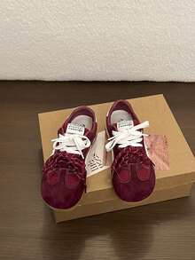 Sepatu Sneakers Wanita Bertali Rendah, Desain Patchwork Berlapis - Merah - View 3