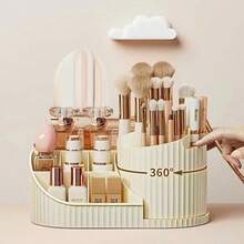 Mini 360° Rotating Cosmetic Storage Box And Desktop Pen Holder Stationery, Available In White, Pink And Cream, Plastic Cosmetic Storage Rack, Multi-Functional Holder For Brushes, Lipsticks, Skincare Products And Stationery - Durable, Odorless, Desktop Friendly, Space-Saving Cosmetic Storage With Elegant Design - View 17