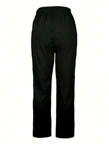 Plus Size Women's Black Woven Straight Leg Pants, Casual Autumn Drawstring Waist Long Pants, Non-Stretch - Black - View 2