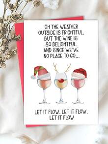 1pc Funny Wine Lover Christmas Card, Watercolor Wine Glass With Christmas Hat And Reindeer Antlers Design, Humorous Song Parody Christmas Card With Envelope, Holiday Gift For Alcohol-Loving Friends, Christmas Party Card, Thickened And Enlarged Envelope And Card - Multicolor - View 4