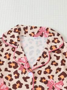 Teen Girls 2-Piece Leopard Print & Bow Print Collared Long Sleeve Top And Pants Pajama Set, Soft & Comfortable Autumn/Winter Home Casual Wear - Multicolor - View 3