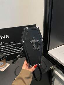 Street Fashion Crossbody Bag, Coffin-Shaped Bag, Vintage Metal Decor, New Gothic Style Rivet Chain Shoulder Crossbody Bag, Niche Design Retro Personality Phone Bag - Black - View 3