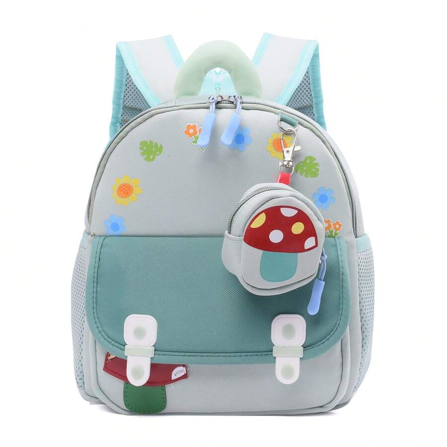 New College Style Backpack, Decorated With Small Mushroom Pattern, Unisex, Lightweight And Minimalist, Suitable For Campus Use Or Travel.