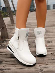 Sepatu Bot Olahraga Kasual Bertumit Tinggi dengan Sol Tebal dan Hak Wedges untuk Musim Gugur/Dingin - Model Baru - Putih - View 6