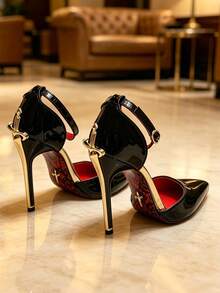 XfxfA 1 Pair Fashionable Women's High Heels With Shiny Metallic Stiletto Heel, Suitable For Date/Banquet/Party Occasions. - Black - View 7