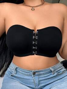Front Closure Plus Size Women Solid Color Bandeau Bra - Black - View 5