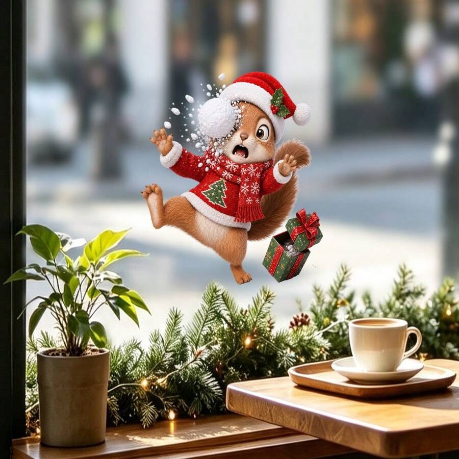 1/3pcs Cute Snowball Winking Snowman Static Cling Stickers, Cat And Squirrel Designs, Double-Sided Visible And Reusable, Suitable For Home, Shop, Cafe, Holiday Party Glass Window Decoration, Christmas Decor - Multicolor - View 1