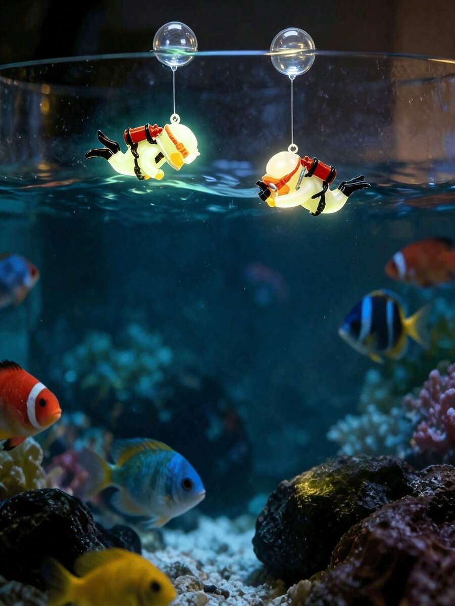 2pcs Glowing Diver Aquarium Decor, Floating Mini Diver Fish Tank Decoration, Cute Underwater Landscape Resin Ornament, Ideal Holiday Gift For Christmas, Halloween, Home Party And Home Aquarium Decoration - A - View 1