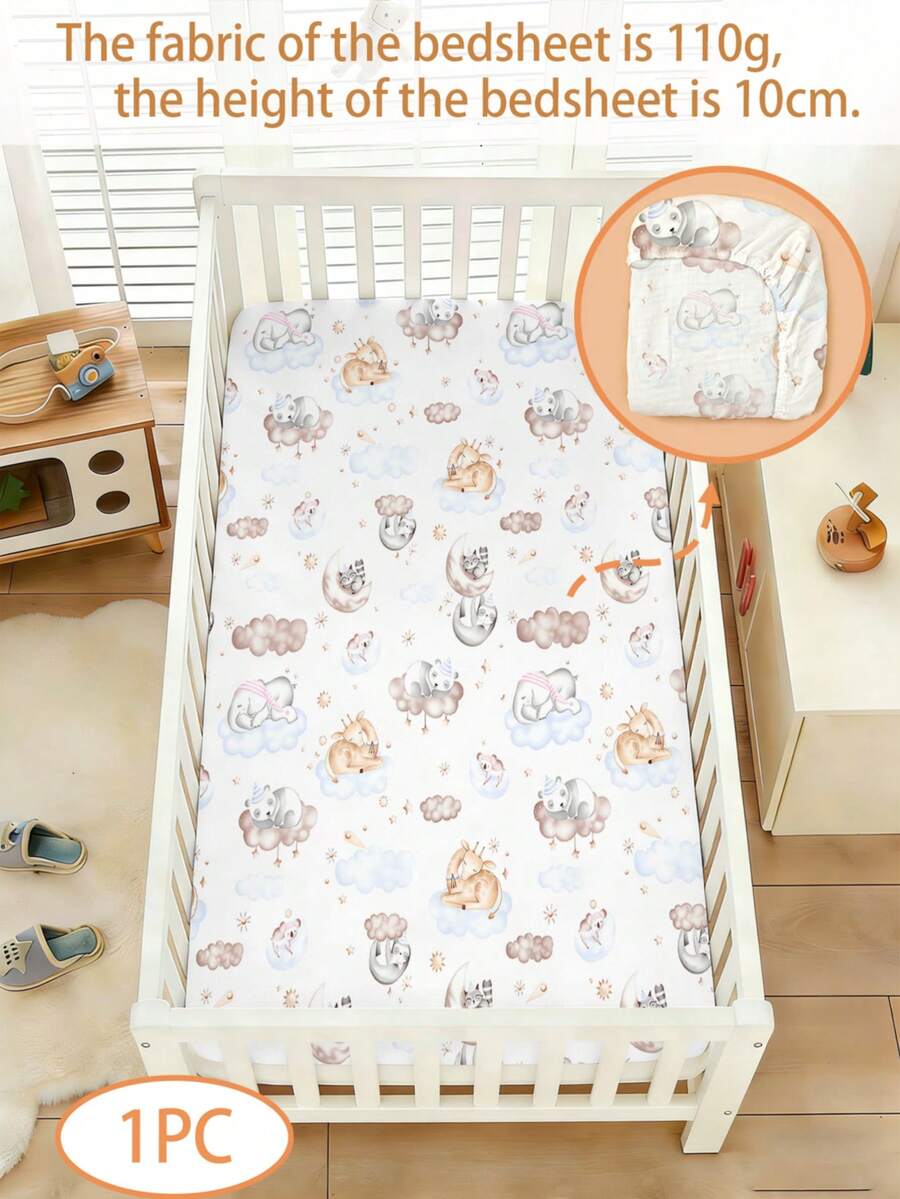 1PC Watercolor Cloud Cute Jungle Animal Print Baby Fitted Crib Sheet, Polyester Fitted Sheet, For Newborn Infant Boys Girls - Multicolor - View 1