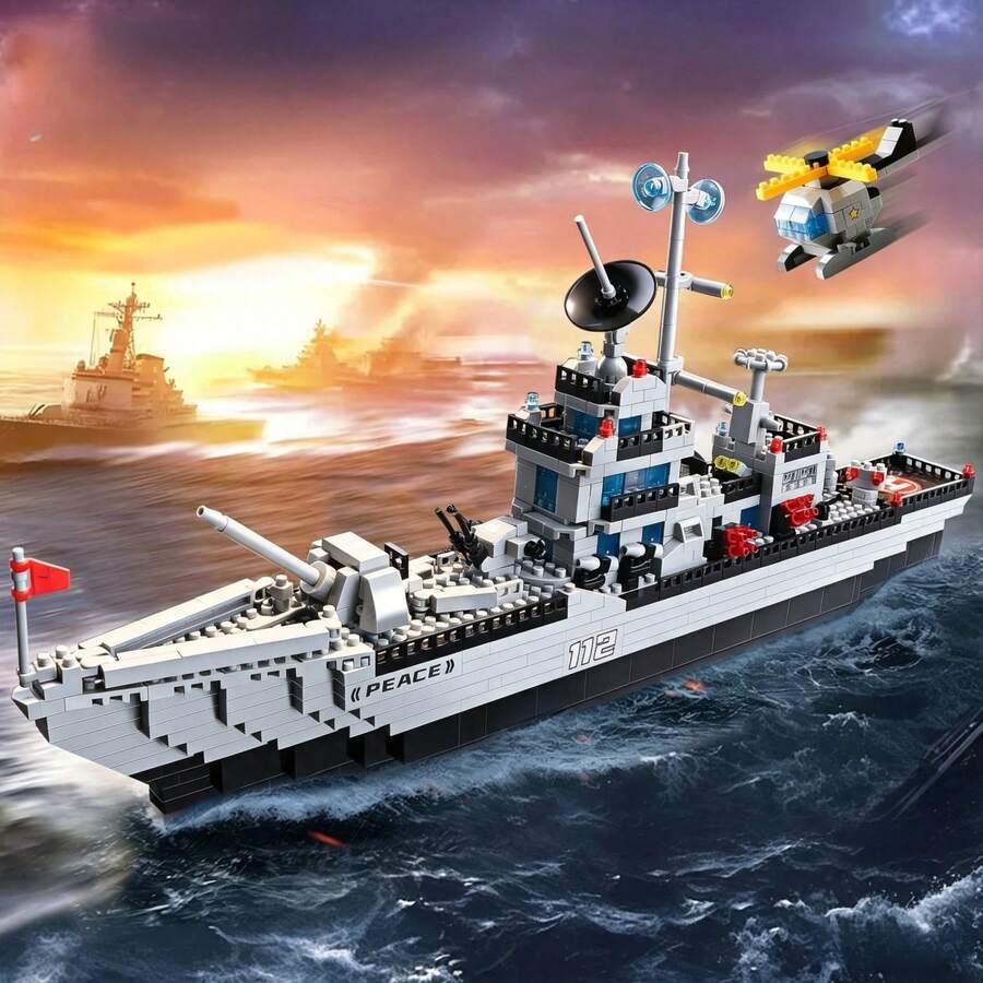 Ocean Vessel Building Blocks Set 300+Pcs Naval Ship Model With Helicopter DIY Warship Building Kit STEM Toy Gift For Him - Multicolor - View 1