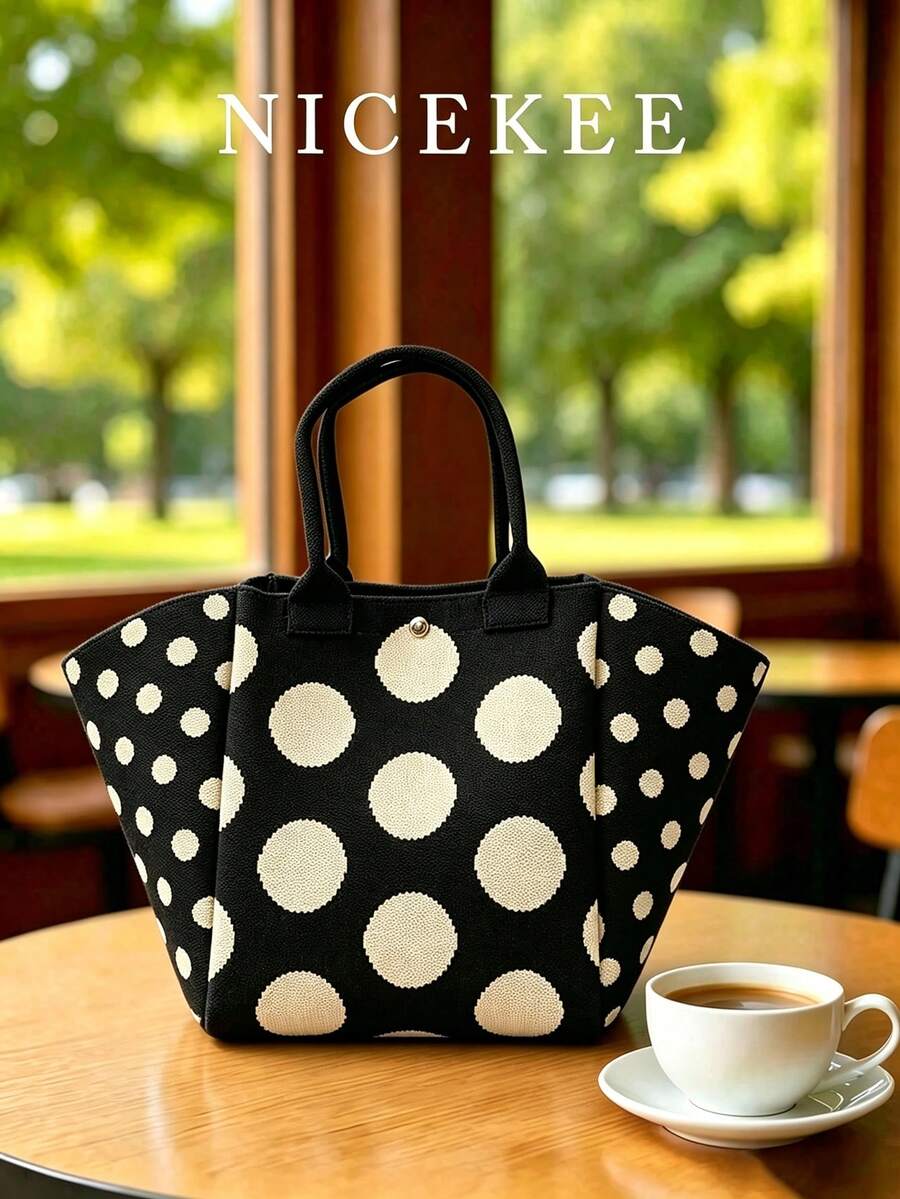 Classic Color-Block Polka Dot Casual Versatile Artistic Bucket Bag, Multi-Functional Daily Commute Handbag, Suitable For Niche Shopping And Dating - Black - View 1