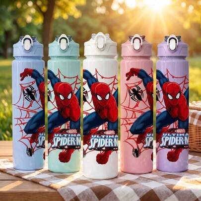 5pcs 5 Colors Cartoon Style Anti-Spill Flip Top Sports Water Bottle, Back To School Essential, Car Accessory, Portable And Fashionable Design, 800ml-27oz Travel Cup, With Strap, Straw And Lid, Cute Design, High Quality, Leak-Proof, Shock-Proof, Durable Outdoor Sports Water Cup, Large Capacity Portable Cup, Suitable For Short Trips, Hiking, Picnic, Running