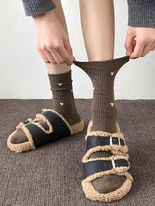3 Pairs Random Style Women's Mid-Calf Socks, Small Heart Print Preppy Style, Solid Color Minimalist Sweet Daily Warm Socks, Suitable For Winter Snow Boots Matching - Multicolor - View 5