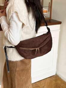 Women Vintage Suede‑Texture Crossbody Sling Bag, Dark Brown Soft Faux Suede Hobo Shoulder Bag, Multi‑Zipper Pocket Casual Crescent Messenger Purse. - Coffee Brown - View 4
