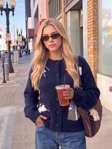 Women's Navy Blue Pom Pom Bow Knit Cardigan, Button Front Sweater Jacket, Suitable For Coffee Date, Autumn/Winter, Halloween, Thanksgiving, Christmas - Navy Blue - View 5