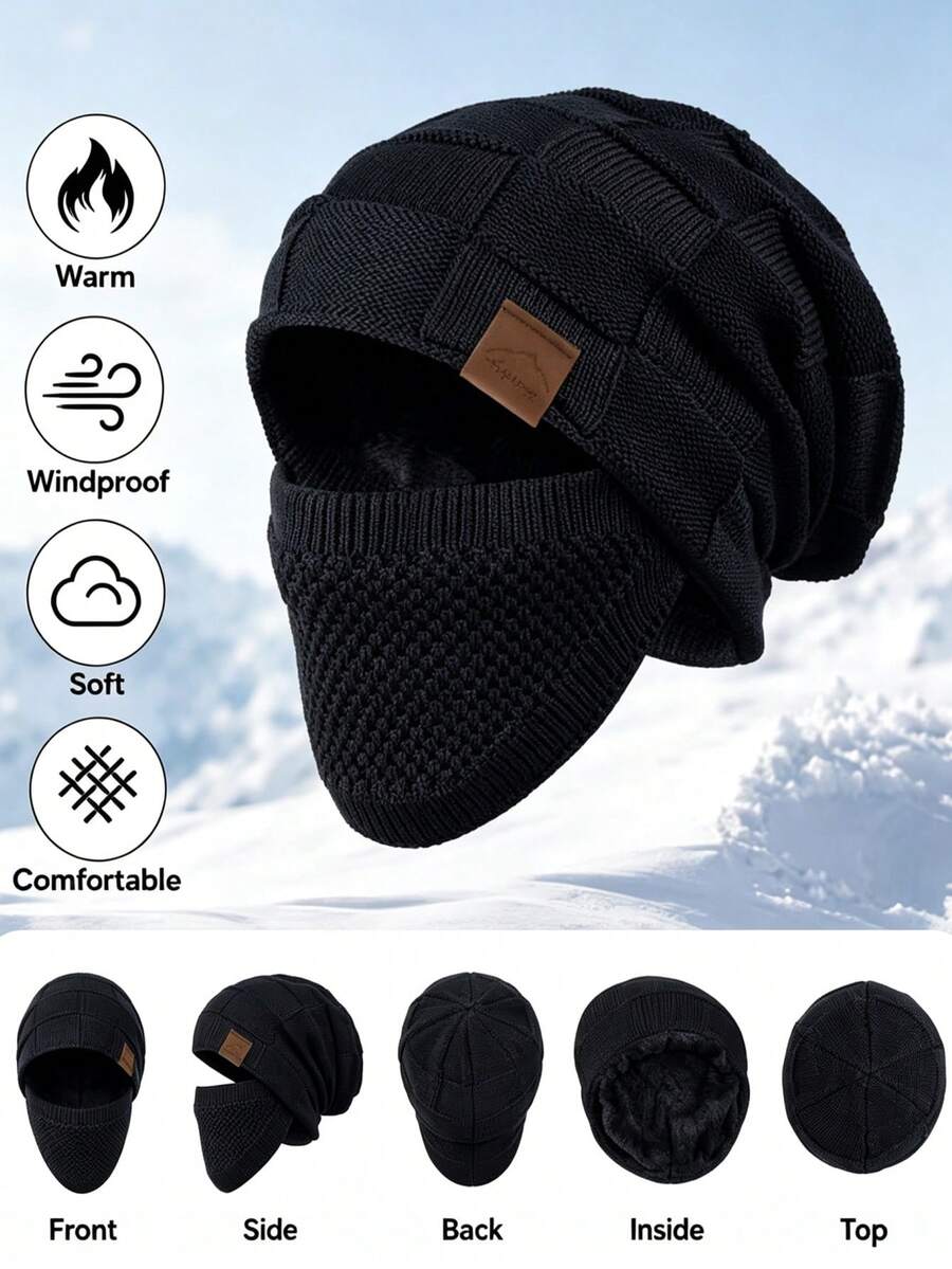 1 buah Balaclava Rajut Kabel Berlapisan Termal Unisex, Topi Pelindung Wajah Penuh Musim Dingin Lembut Elastis Tahan Angin dengan Dekorasi Patch Kulit - MultiWarna - View 1