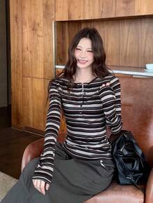 Women's Vintage Striped Fitted Slimming T-Shirt - Brown - View 4