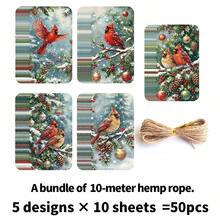 50Pcs Christmas Songbird Gift Hang Tags With Hemp Rope, Winter Red Cardinal Bird Holly Pinecone Xmas Gift Tags, 5 Designs Holiday Paper Gift Labels For Christmas Gift Wrapping, Party Favors, Crafts, Present Decoration - B - View 6