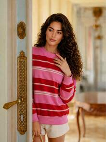 Sweatshirt Wanita Kasual Serbaguna Motif Garis-Garis Blok Warna Musim Gugur/Dingin 2026, Cocok untuk Berbelanja, Bepergian, Kencan, dan Acara Lainnya - Hot Pink - View 2