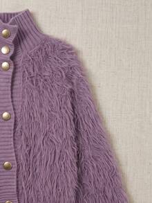 Korean-Style Plush Knit Cardigan – Soft Faux Fur Sweater For Autumn/Winter, Decorated With Fan-Shaped Lace And Pearl Buttons, Comfortable High-Neck Outerwear, Versatile For Daily Wear - Purple - View 6