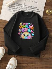 Tween Girls In My Dumpling Era Graphic Long Sleeve Tee, Cute Rainbow Cartoon Dumpling Star & Heart Print Casual T-Shirt - Black - View 3