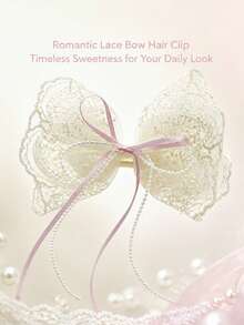 1pc Pink Lace Ribbon Pearl Hair Clip, Sweet Lace Bow Hair Clip With Pearl Tassel Long Ribbon, Ballet Style Party Hair Accessory - Multicolor - View 8