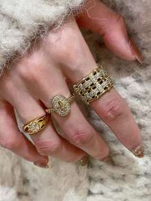 6pcs Old Money Style! Luxurious Cubic Zirconia Multi-Element Ring Set Suitable For Women's Banquet And Party Wear (Gift Box Not Included) - Yellow Gold - View 8