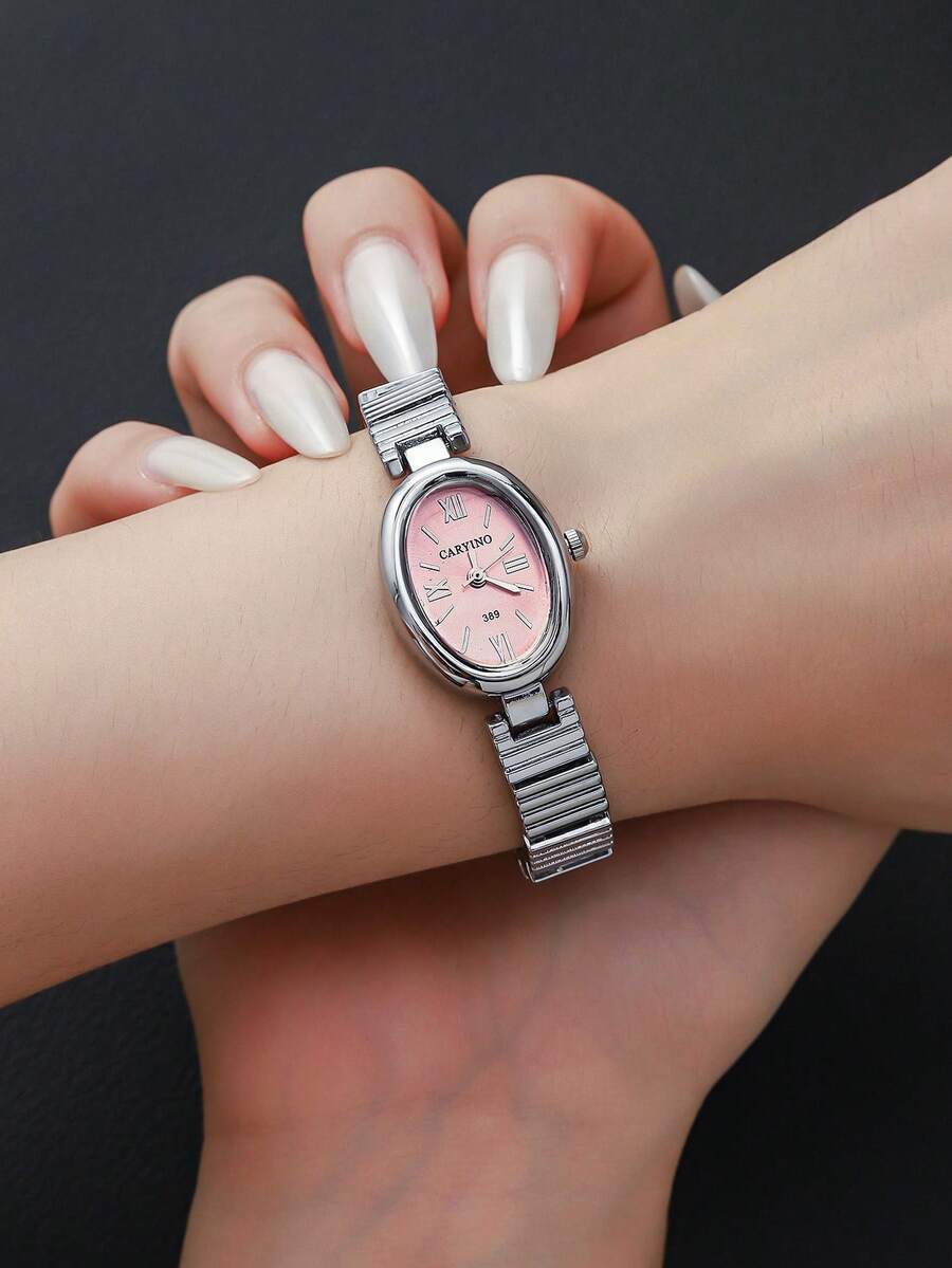 Caryino 1pc Fashion Women's Bracelet Watch, Exquisite Minimalist Oval Dial, Sunray Polished Surface, Alloy Band Quartz Watch, Daily Wear, Gift For Girlfriend, Gift For Mom - one-size - View 1