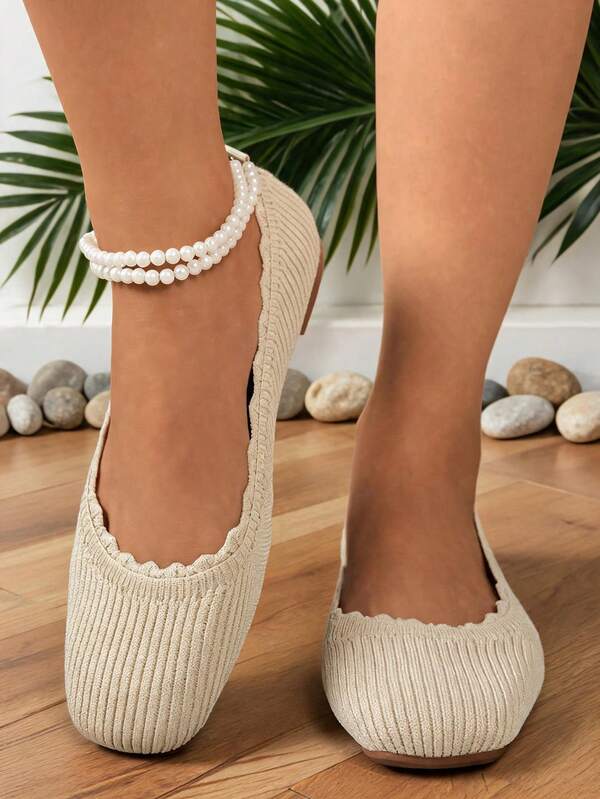 1 Pair Women's Beige Flat Shoes, Square Toe Slip‑On Flats With Scalloped Edge Knit Upper