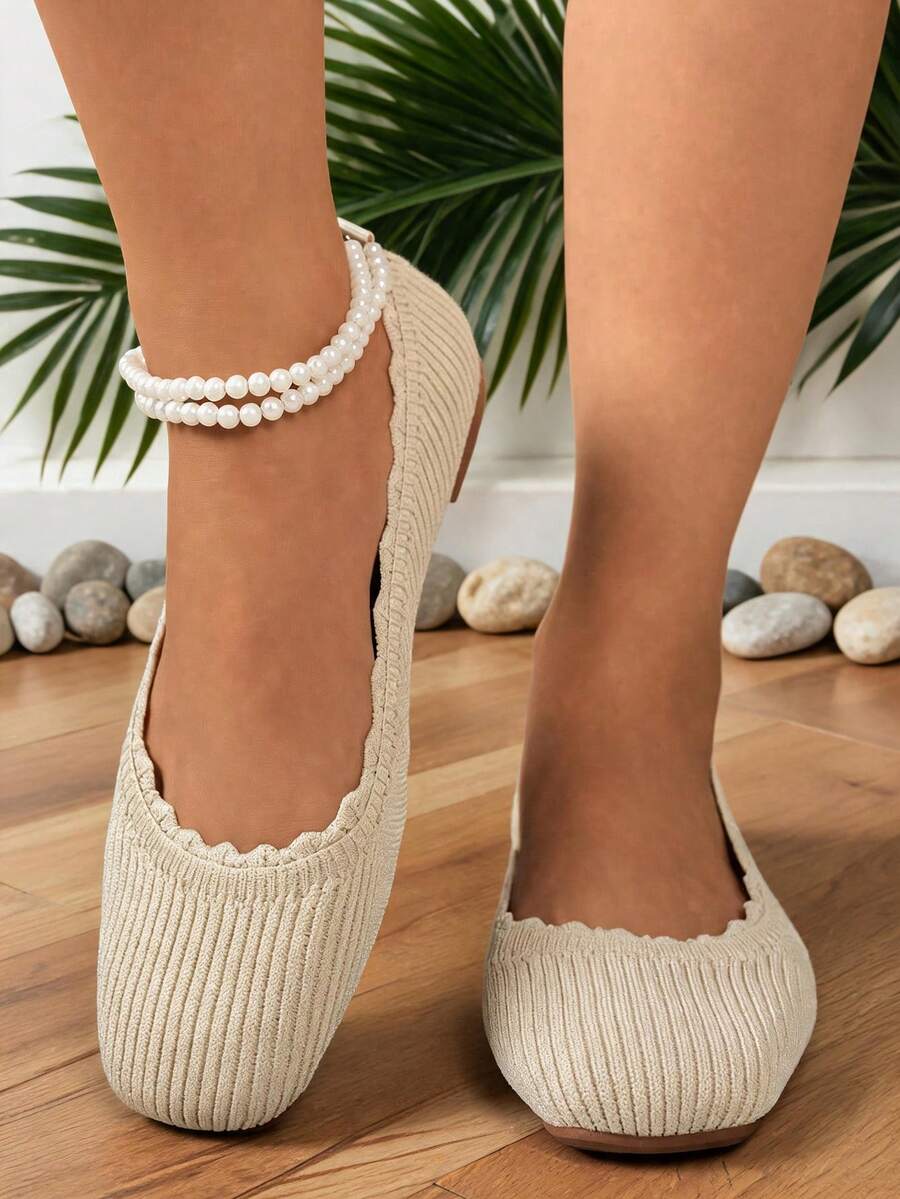 1 Pair Women's Beige Flat Shoes, Square Toe Slip‑On Flats With Scalloped Edge Knit Upper - Beige - View 1