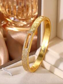 1pc Women's Luxury Textured Gold Hinge Bracelet, Sparkling Rhinestone Zirconia Clasp, Birthday Anniversary Holiday Gift, Daily Commute Jewelry - Gold - View 4