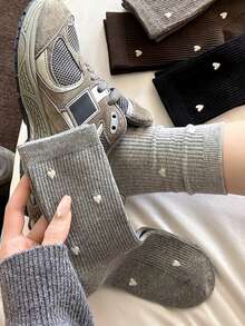 3 Pairs Random Style Women's Mid-Calf Socks, Small Heart Print Preppy Style, Solid Color Minimalist Sweet Daily Warm Socks, Suitable For Winter Snow Boots Matching - Multicolor - View 7