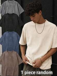 [1件隨機]1件男童青少年休閒戶外運動極簡麂皮T恤夏季 - 杏色 - 查看 8
